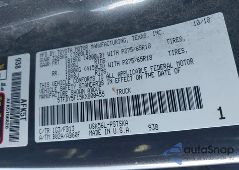 2019 Toyota Tundra Sr5 5.7L V8 из США, поврежденный, VIN 5TFDY5F15KX800455